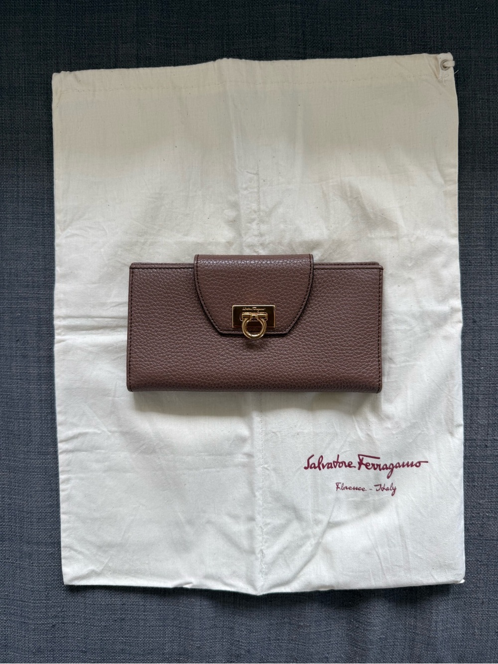 Salvatore Ferragamo Gancini Continental Wallet in Brown Pebbled Leather